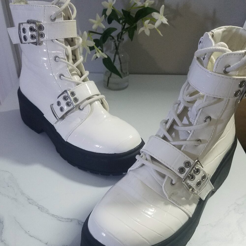 Lace-up Grommet Snake Print Ankle Boots